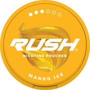 Rush Nicotine Pouch Mango ice in white writing on a orange tub pro 3 dot strength