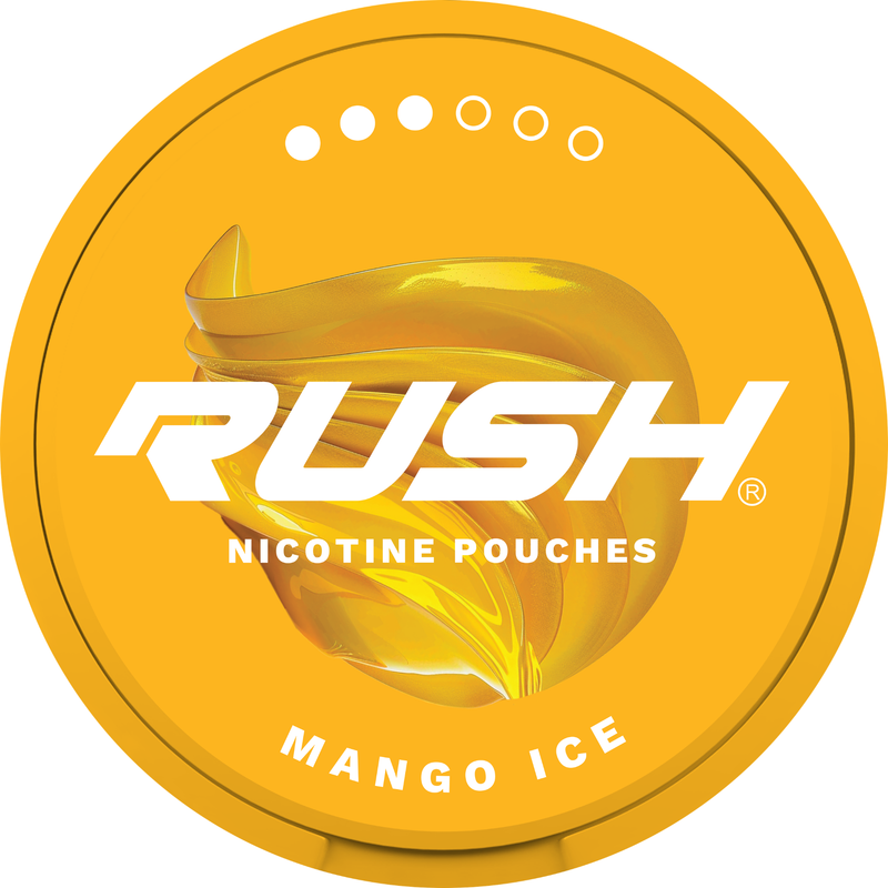 Rush Nicotine Pouch Mango ice in white writing on a orange tub pro 3 dot strength