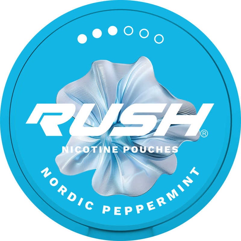 Rush Nicotine Pouch Nordic Peppermint ice in white writing on a light blue tub pro 3 dot strength