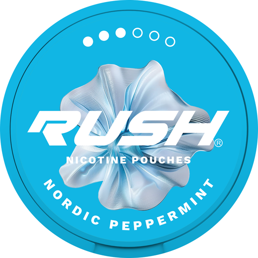 Rush Nicotine Pouch Nordic Peppermint ice in white writing on a light blue tub pro 3 dot strength