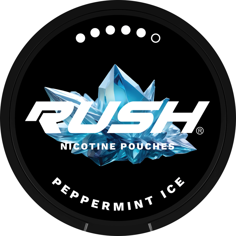 Rush Nicotine Pouch Peppermint ice in white writing on a black tub extreme 5 dot strength