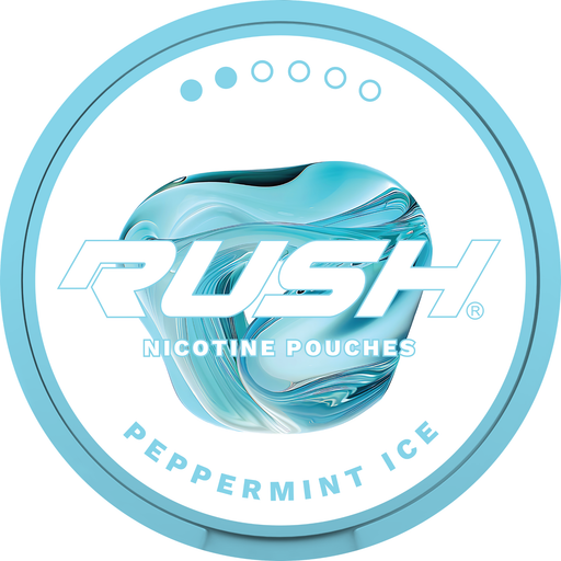Rush Nicotine Pouches Peppermint Ice logo with light blue and white design light 2 dot strength