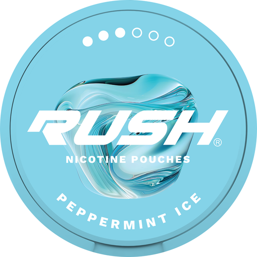 Rush Nicotine Pouch Peppermint ice in white writing on a light blue tub pro 3 dot strength