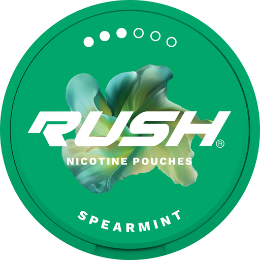 Rush Nicotine Pouch Spearmint in white writing on a green tub pro 3 dot strength