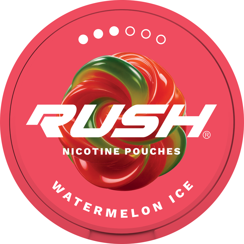 Rush Nicotine Pouch Watermelon Ice in white writing on a red tub pro 3 dot strength