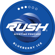 Rush Nicotine Pouch Blueberry ice in white writing on a blue tub pro 3 dot strength