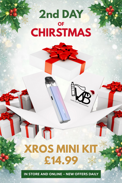 Second Day of Xmas Xros 5 Mini Promotional image of a vape kit with Christmas-themed packaging and text.
