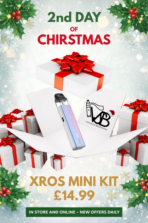 Second Day of Xmas Xros 5 Mini Promotional image of a vape kit with Christmas-themed packaging and text.