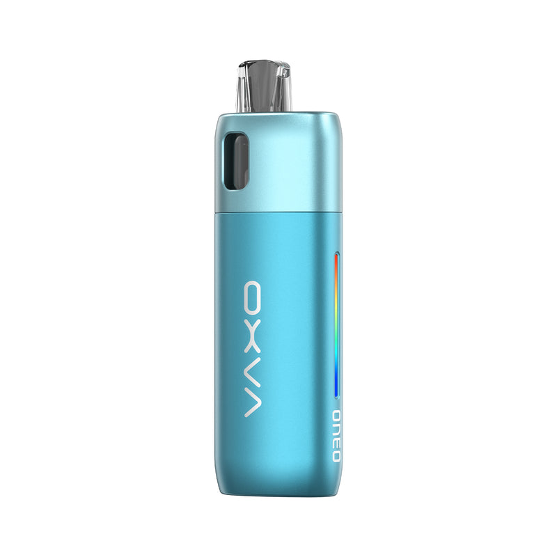 Blue Oneo Oxva vaping device on a white background