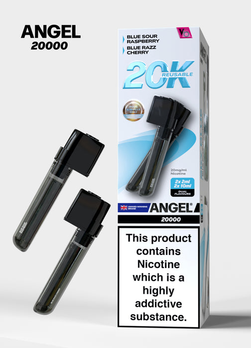 Sky Blue Edition ANGEL 20000 vape device packaging with two black vapes and product details on a white background.