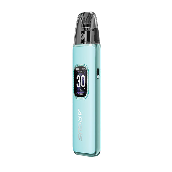 Light blue argus g3 vape device with digital display on a white background