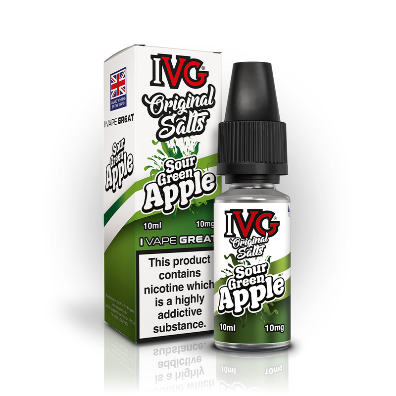 A 10ml bottle of IVG Original Salts Sour Green Apple 10mg  e-liquid next to its retail packaging box, both featuring a white and green design with a prominent nicotine warning label.