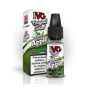 A 10ml bottle of IVG Original Salts Sour Green Apple 20mg  e-liquid next to its retail packaging box, both featuring a white and green design with a prominent nicotine warning label.