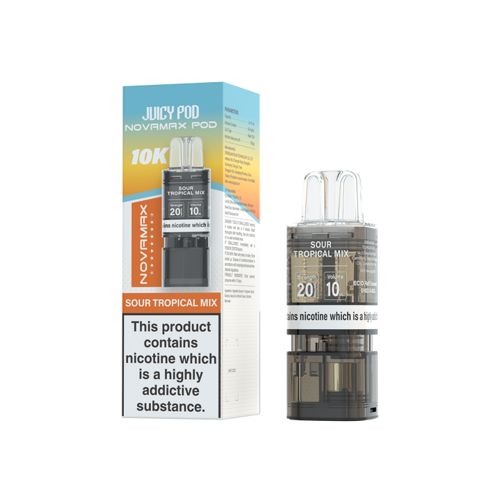 Juicy Pod Novamax pod for vape devices with packaging on a white background Sour Tropical Mix Flavour