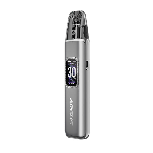 Silver grey argus vape device with digital display on a white background