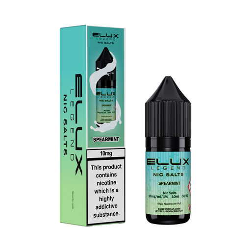 Elux Legend Nic Salts Spearmint 10mg vape juice bottle and packaging on a white background