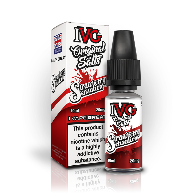 A 10ml bottle of IVG Original Salts Strawberry Sensation 20mg  e-liquid next to its retail packaging box, both featuring a white and red design with a prominent nicotine warning label.