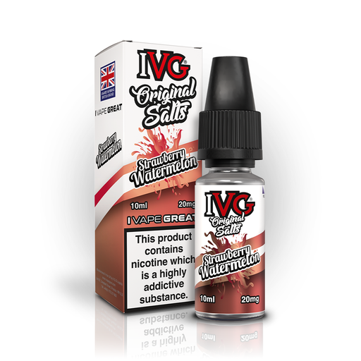 A 10ml bottle of IVG Original Salts Strawberry Watermelon 20mg  e-liquid next to its retail packaging box, both featuring a white and red design with a prominent nicotine warning label.
