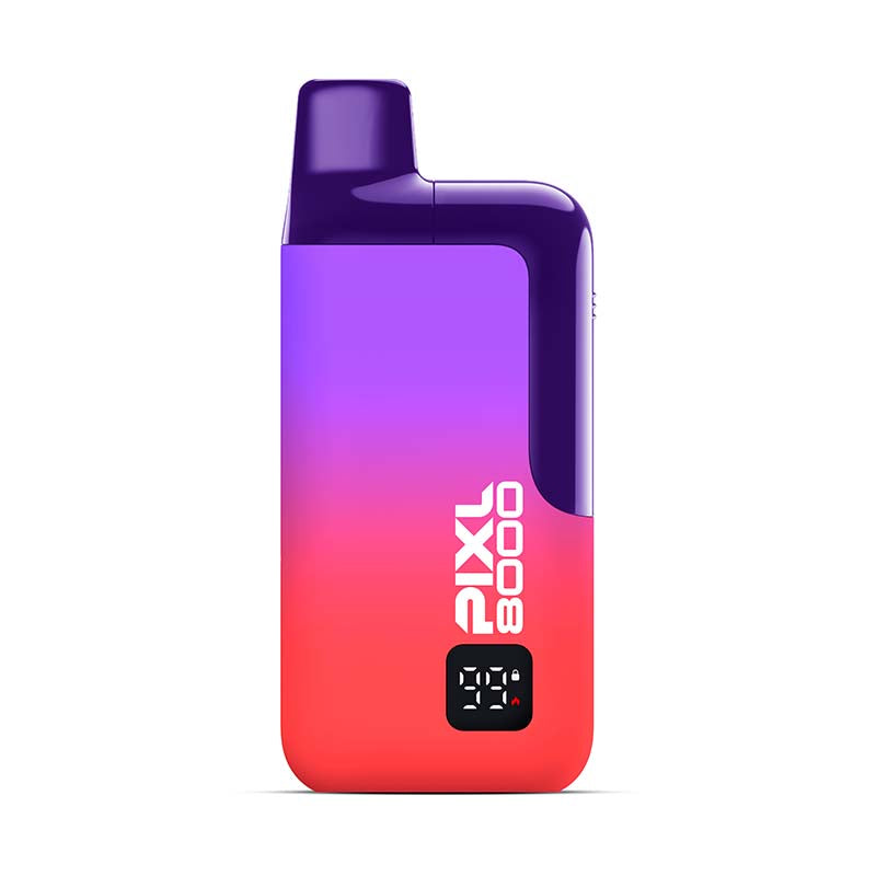 Gradient purple to red vape device with 'Pixl 8000' branding on a white background