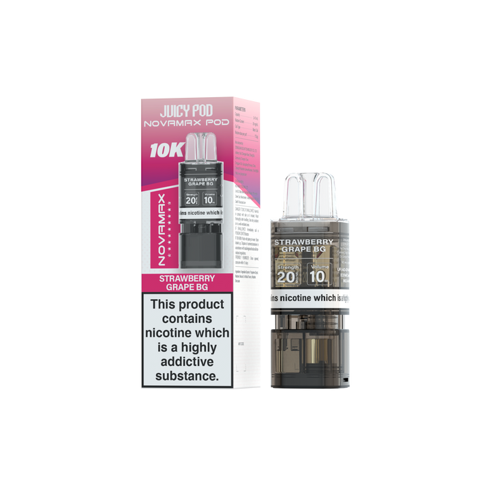 Juicy Pod Novomax pod with packaging on a white background Strawberry Grape BG