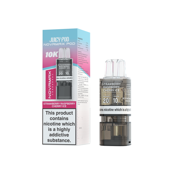 Juicy Pod Novamax Strawberry Raspberry Cherry Ice vape pod with packaging on a white background