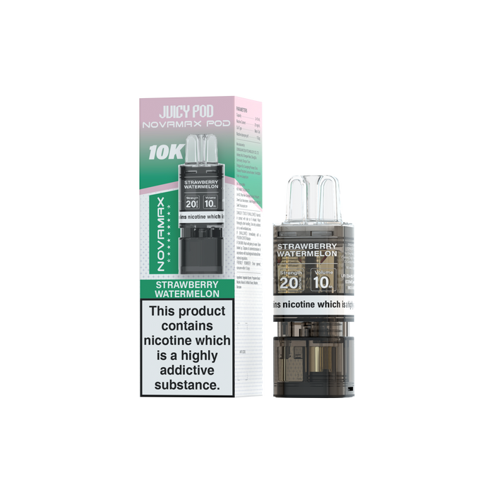 Juicy Pod Novamix Strawberry Watermelon vape pod with packaging on a white background