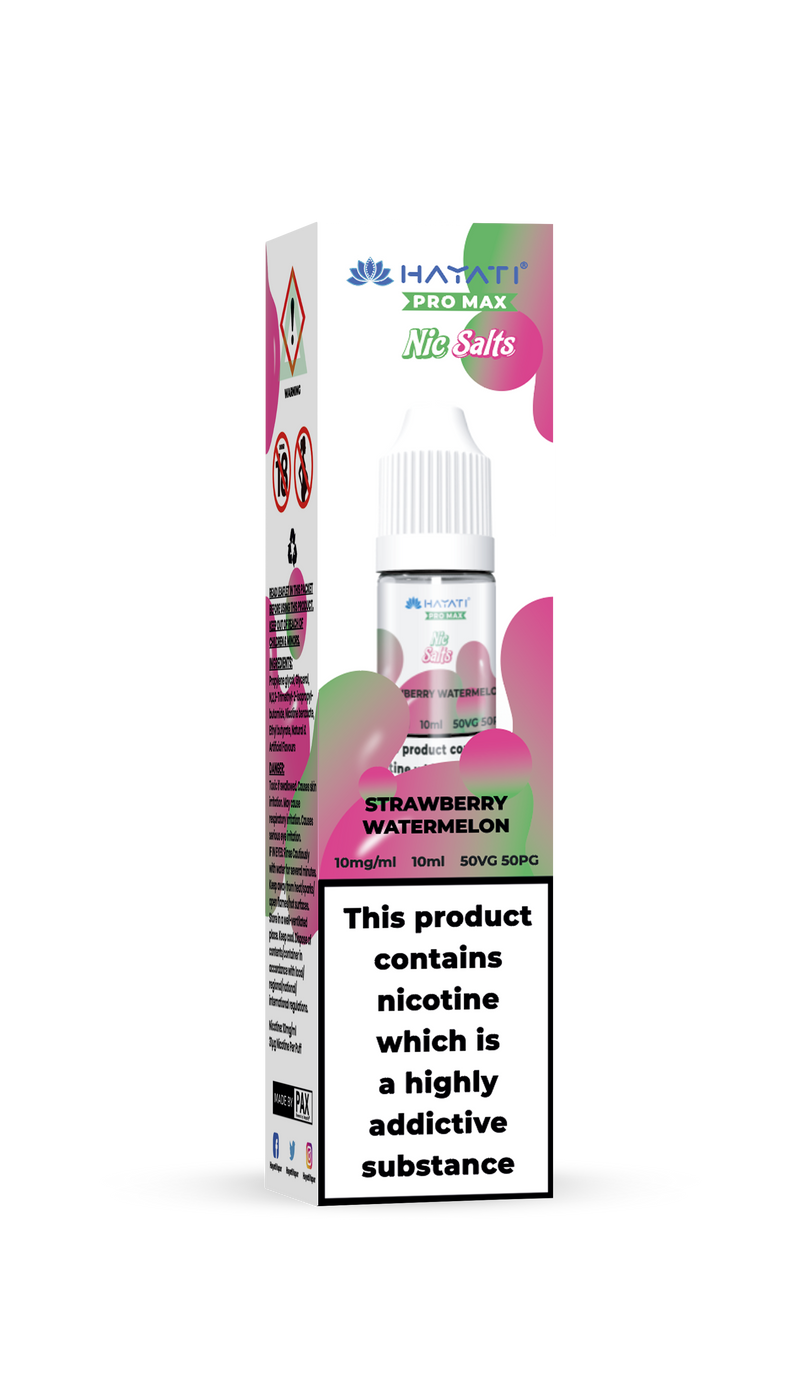Hayati E-liquid packaging with strawberry watermelon flavor on a white background 10mg