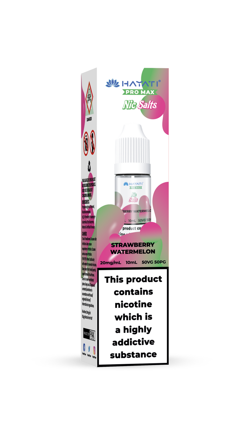 Hayati E-liquid packaging with strawberry watermelon flavor on a white background 20mg