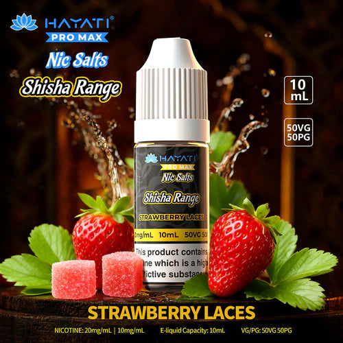 Hayati Pro Max Nic Salts Shisha Range Strawberry Laces e-liquid bottle with strawberries on a wooden background