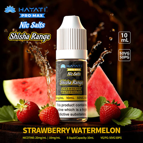 Hayati Pro Max Nic Salts Shisha Range Strawberry Watermelon e-liquid bottle with watermelon and strawberry slices on a dark background.