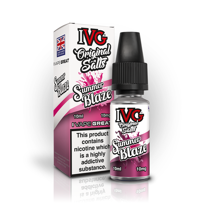 A 10ml bottle of IVG Original Salts Summer Blaze 10mg  e-liquid next to its retail packaging box, both featuring a white and purple design with a prominent nicotine warning label.