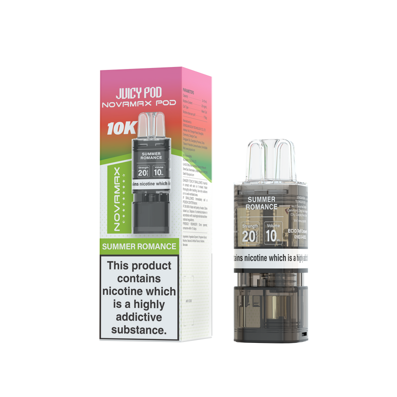 Juicy Pod Novamax Summer Romance vape pod with packaging on a white background
