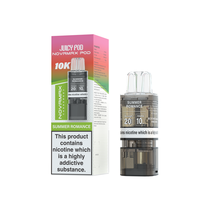 Juicy Pod Novamax Summer Romance vape pod with packaging on a white background