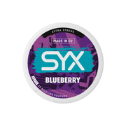 Syx Nicotine Pouch Blueberry in white writing on a purple tub extra strong strength