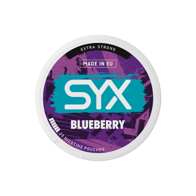 Syx Nicotine Pouch Blueberry in white writing on a purple tub extra strong strength