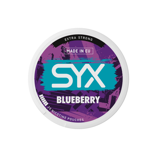 Syx Nicotine Pouch Blueberry in white writing on a purple tub extra strong strength