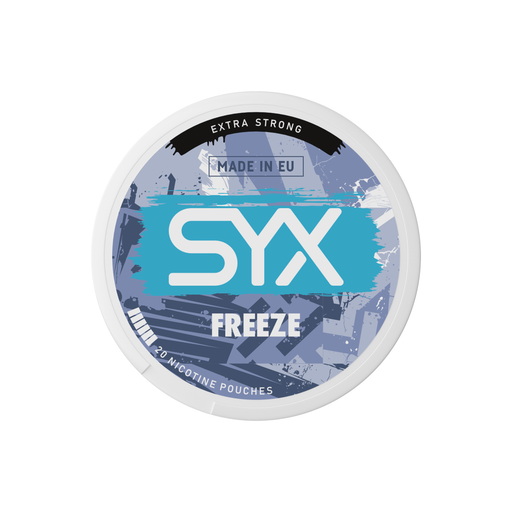Syx Nicotine Pouch Freeze in white writing on a white tub extra strong strength