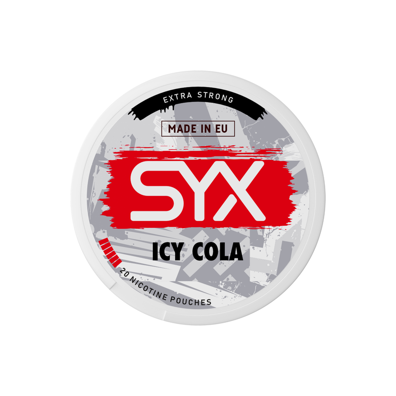 Syx Nicotine Pouch Icy Cola in white and black writing on a white tub extra strong strength