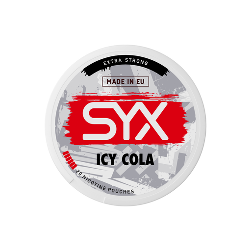 Syx Nicotine Pouch Icy Cola in white and black writing on a white tub extra strong strength