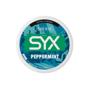 Syx Nicotine Pouch Peppermint in white writing on a green tub extra strong strength