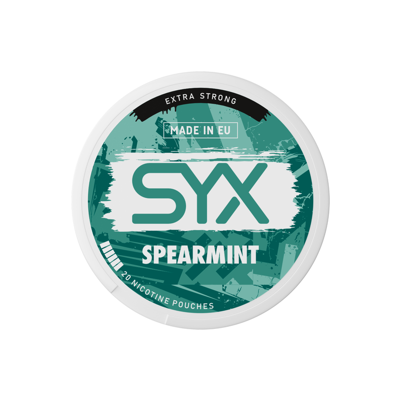 Syx Nicotine Pouch Spearmint in white writing on a green tub extra strong strength
