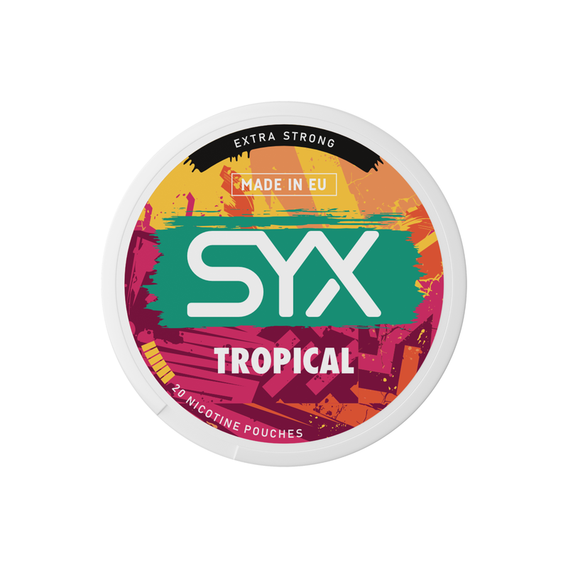 Syx Nicotine Pouch Tropical in white writing on a orange tub extra strong strength
