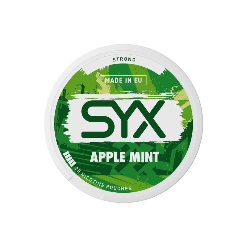 Syx Nicotine Pouch Apple mint in white and green writing on a green tub strong strength