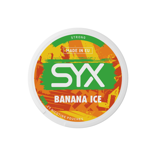 Syx Nicotine Pouch Banana Ice in white writing on a orange tub strong strength