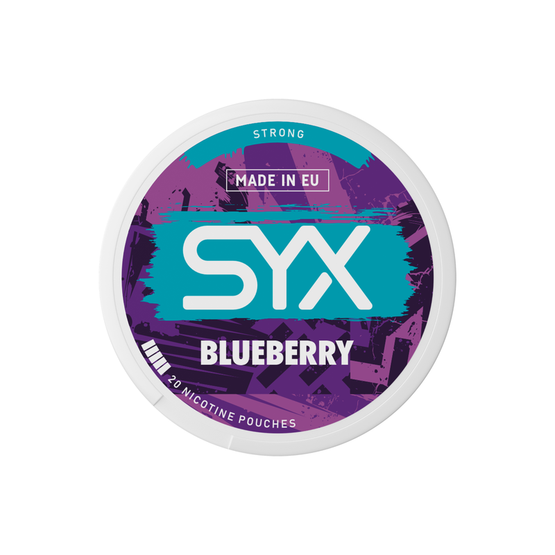 Syx Nicotine Pouch Blueberry in white writing on a purple tub strong strength