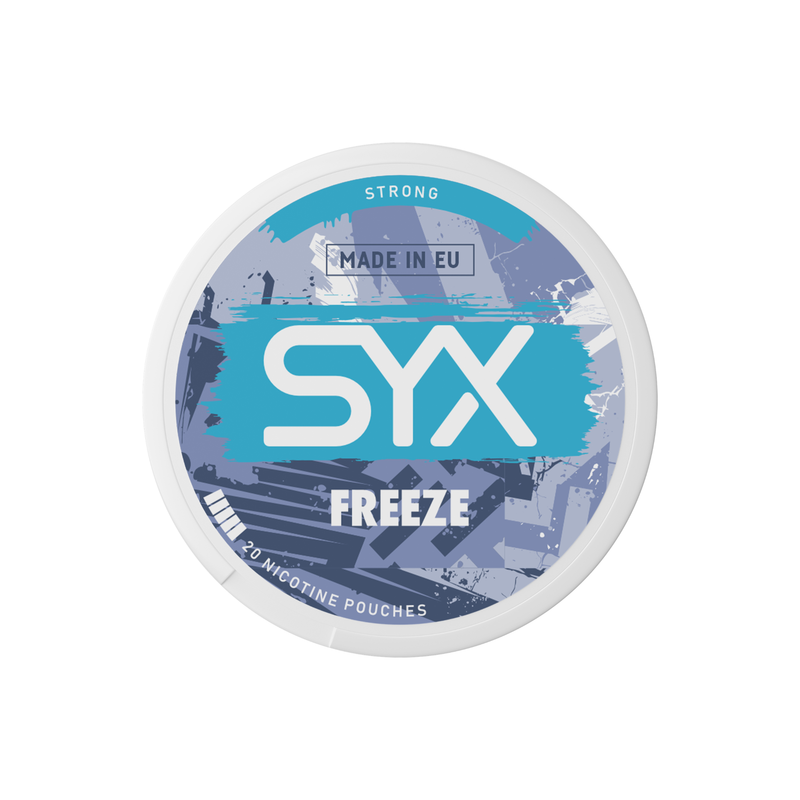 Syx Nicotine Pouch Freeze in white writing on a white tub strong strength