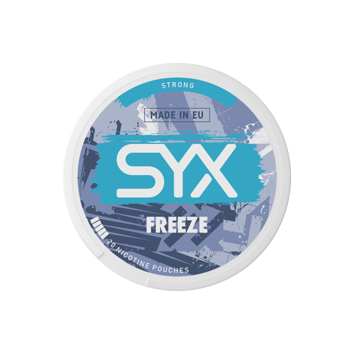 Syx Nicotine Pouch Freeze in white writing on a white tub strong strength