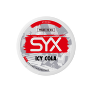 Syx Nicotine Pouch Icy Cola in white and black writing on a white tub strong strength