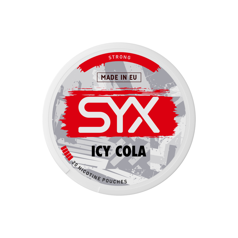 Syx Nicotine Pouch Icy Cola in white and black writing on a white tub strong strength