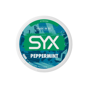 Syx Nicotine Pouch Peppermint in white writing on a green tub strong strength